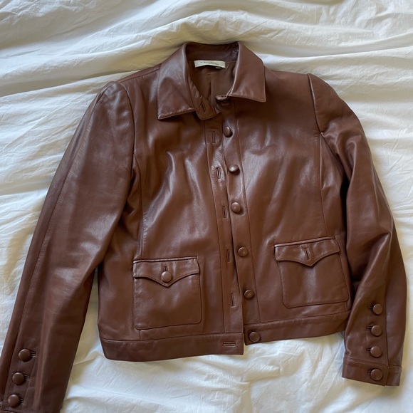 Oscar De La Renta 100% Leather + Silk Brown Jacket - Picture 3 of 6